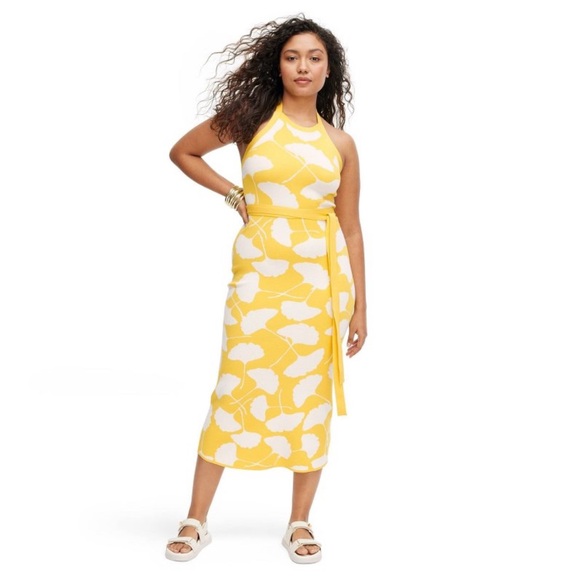 DVF for Target Halter Tie Neck Ginkgo Yellow Sweater Knit Midi Dress Small - Picture 3 of 8